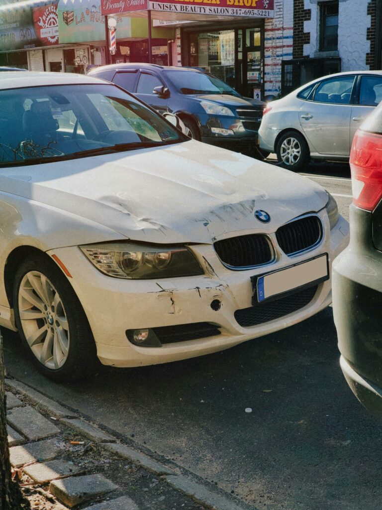 Damaged front end of a car